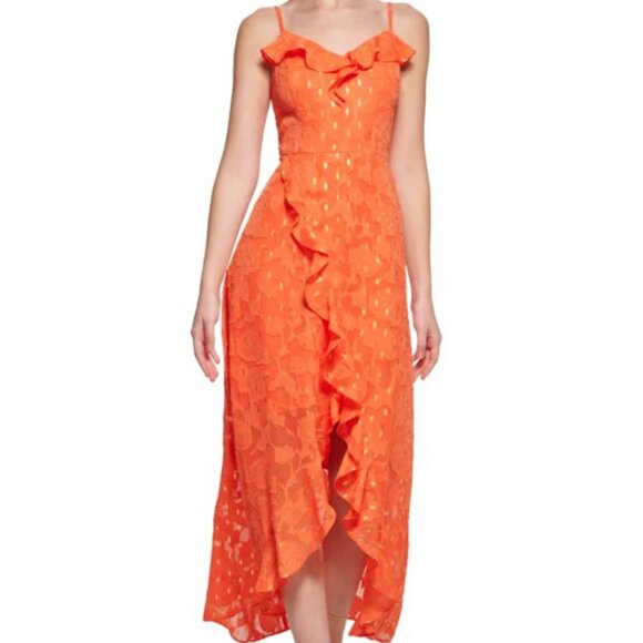 Ruffle Trim Lace Chiffon Midi High-Low Dress - Picture 6 of 6
